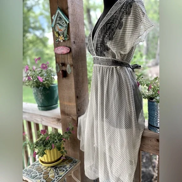 Vintage Adrianna Papell Silk Sheer Ivory & Black Polka Dot Flutter Sleeve Dress - Picture 6 of 12